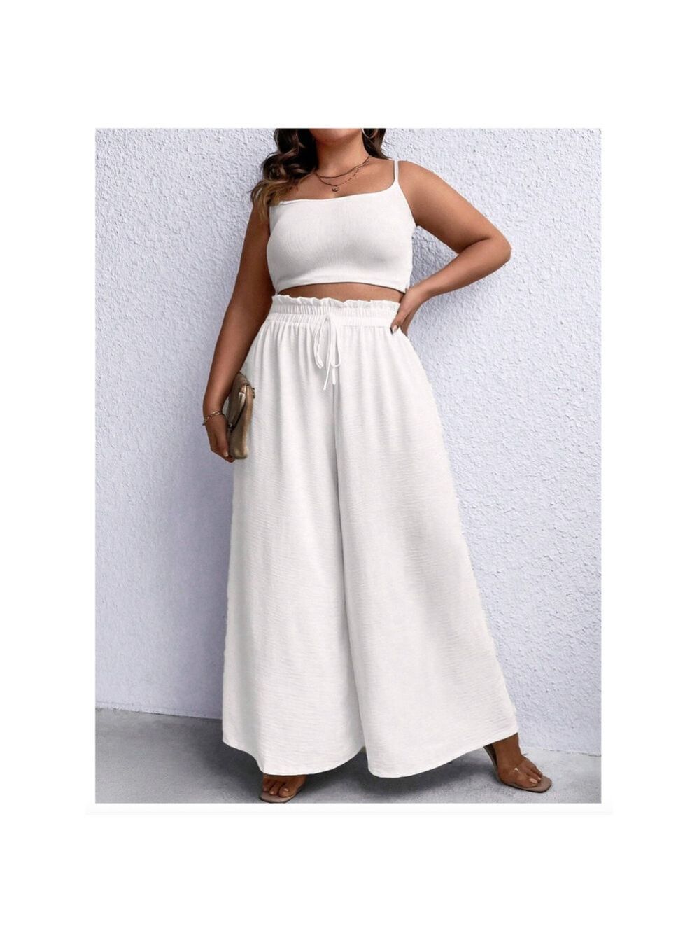 Paperbag Waist Knot Front Wide Leg Pants in White Size 2X